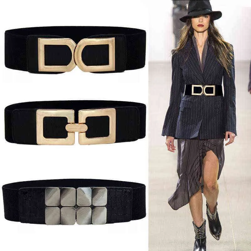 New Black Wide Waistbands For Women Fashion Big Buckle Belts Hot Solid Elastic Cummerbund Dress Coat Punk Waist Seal Gifts Party G220301