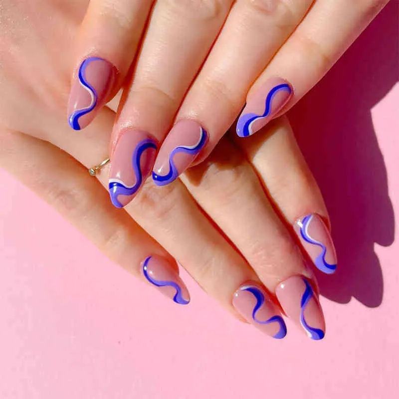 Valse nagels nep Nail Medium Purple Blue Wave Line Sticker Afgewerkt 24 met lijm Sana889 220225