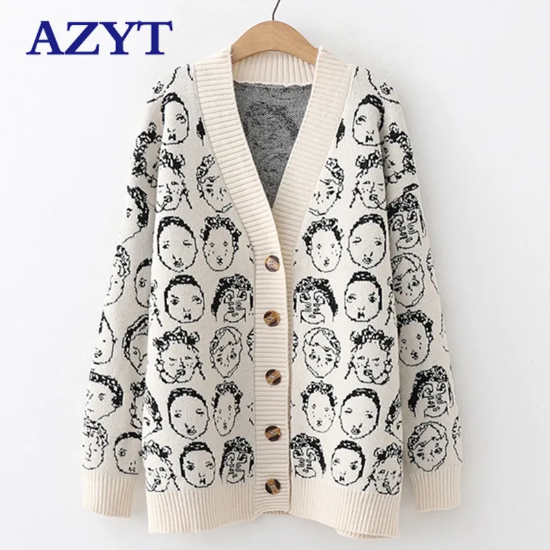 AZYT Autumn Winter Comic V neck Cardigan Female Jacket Knitwear Sweater Coat Casual Knit Jacket Sweater For Women 201203