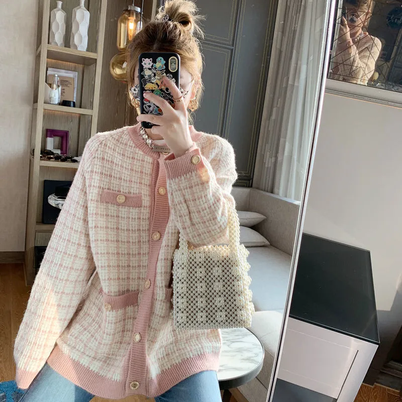 Oversized Sweater for Women Jacket and Coats Knitted Cardigans Plaid Jumpers Korean Clothing Robe Long Coat Sueter Feminino 201017