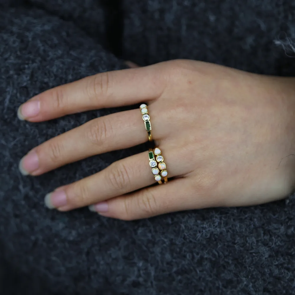 Promotion Gold Color Women Finger Jewelry US Size 5 6 7 8 Bezel Set Round White Fire Opal Stone Rings2574