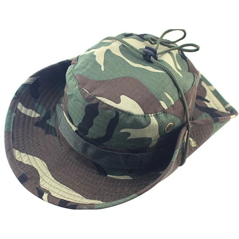 Chapeaux de soleil casquette hommes femmes Camouflage seau chapeau avec ficelle casquette de pêcheur Panama Safari Boonie1338N