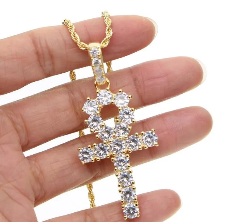 Collier croix crucifix cz classique pour collier à longue chaîne pour hommes avec bijoux de chaîne de corde croix plaqué or argent pour bijoux hip hop pour hommes