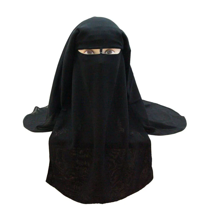 Bandana muçulmana cachecol islâmico 3 camadas niqab burqa gorro hijab boné véu preto capa de rosto abaya estilo envoltório cabeça cobrindo 25699677