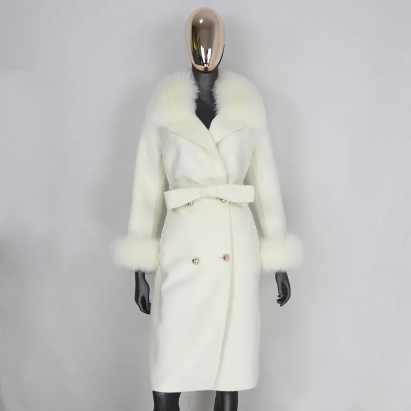 BLUENESSFAIR Cashmere Wool Blends Real Fur Coat Double Breasted Winter Jacket Women Big Natural Fox Fur Collar Outerwear 201214