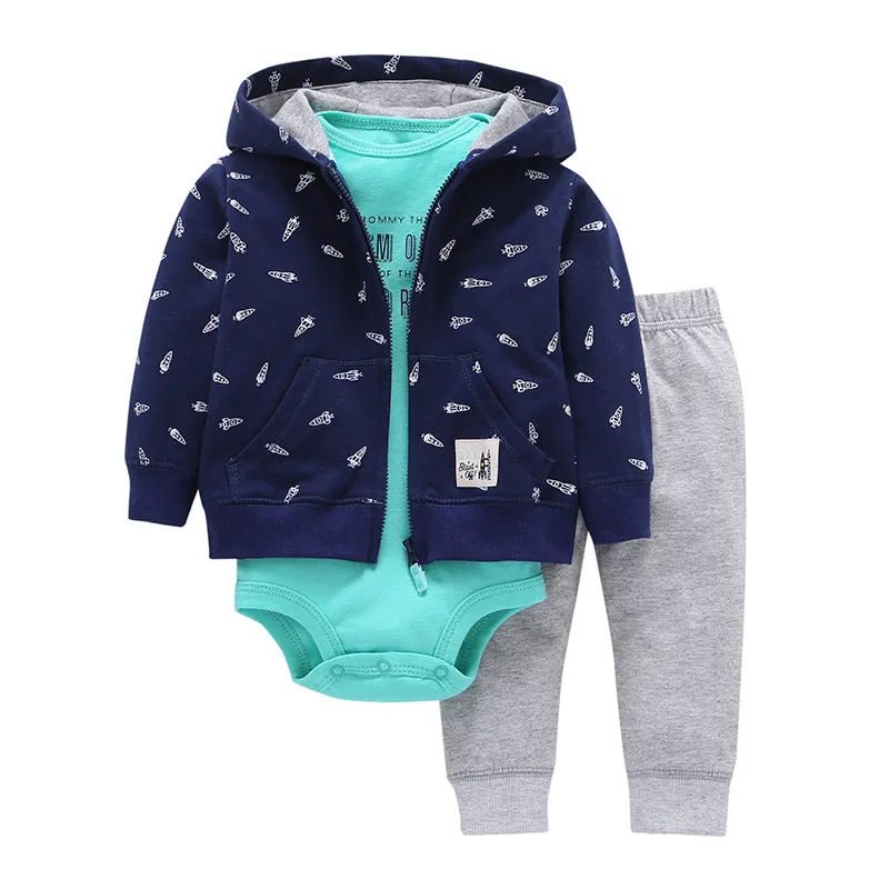 baby boy clothes rockets print tracksuit hooded coat +Long sleeve romper+pants clothing set 3pcs baby girl spring costume