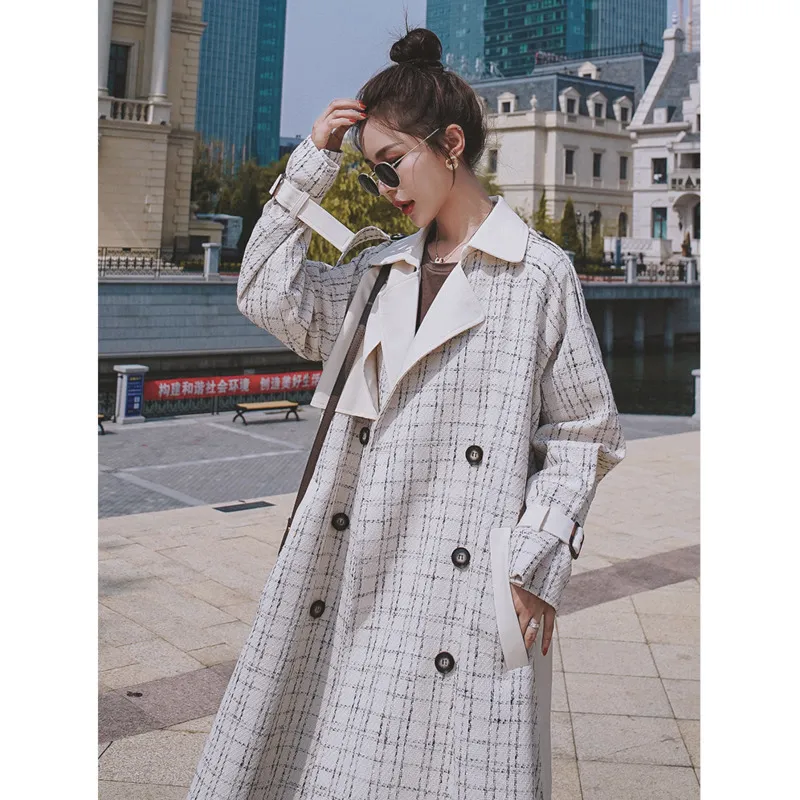 [DEAT] Neue Herbst Mode Frauen Plaid Trench Woolen Volle Hülse Lange Revers Kragen Casual Wilden Lose Mantel Mit gürtel TX575 201102