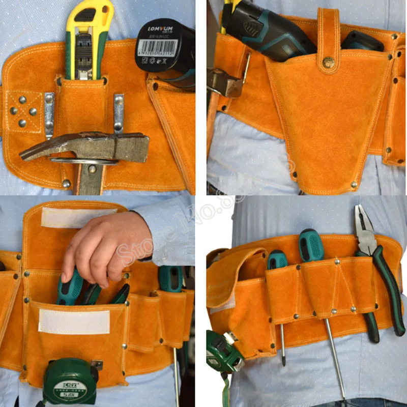 Peau de vache sac à outils taille poche ceinture support de stockage organisateur réglable perceuse électrique pour tournevis matériel boîte à outils Y200324