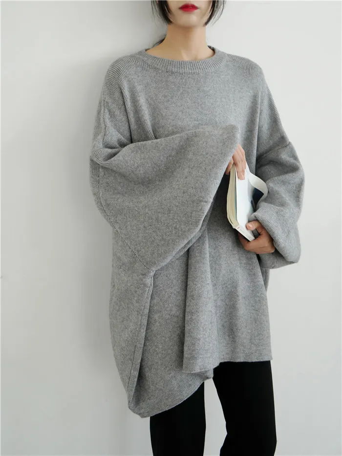 EAM surdimensionné gris tricot pull coupe ample col rond manches longues femmes pulls mode automne hiver 1Y190 201221