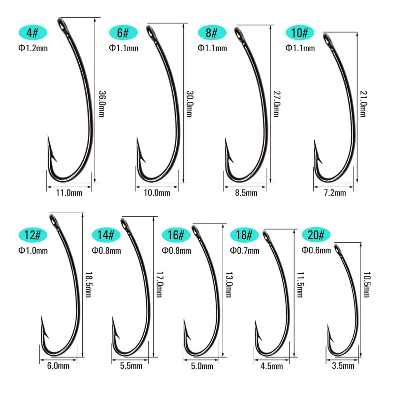 ICERIO 500 Stück Nymphen, Trockenfliegen, Fliegenbindehaken, gebogen, York Bend, gerades Auge, 3 x langer Schaft, Standarddraht, scharfe Spitze, schwarzes Nickel, 22986706