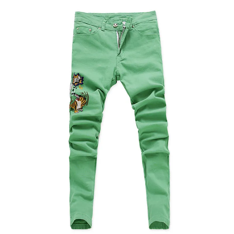 Moda Rised Dżinsy Mężczyźni haftowe chude spodnie Man Spring Summer Yellow Green Pink Demin Pants Plus Sizer 201128