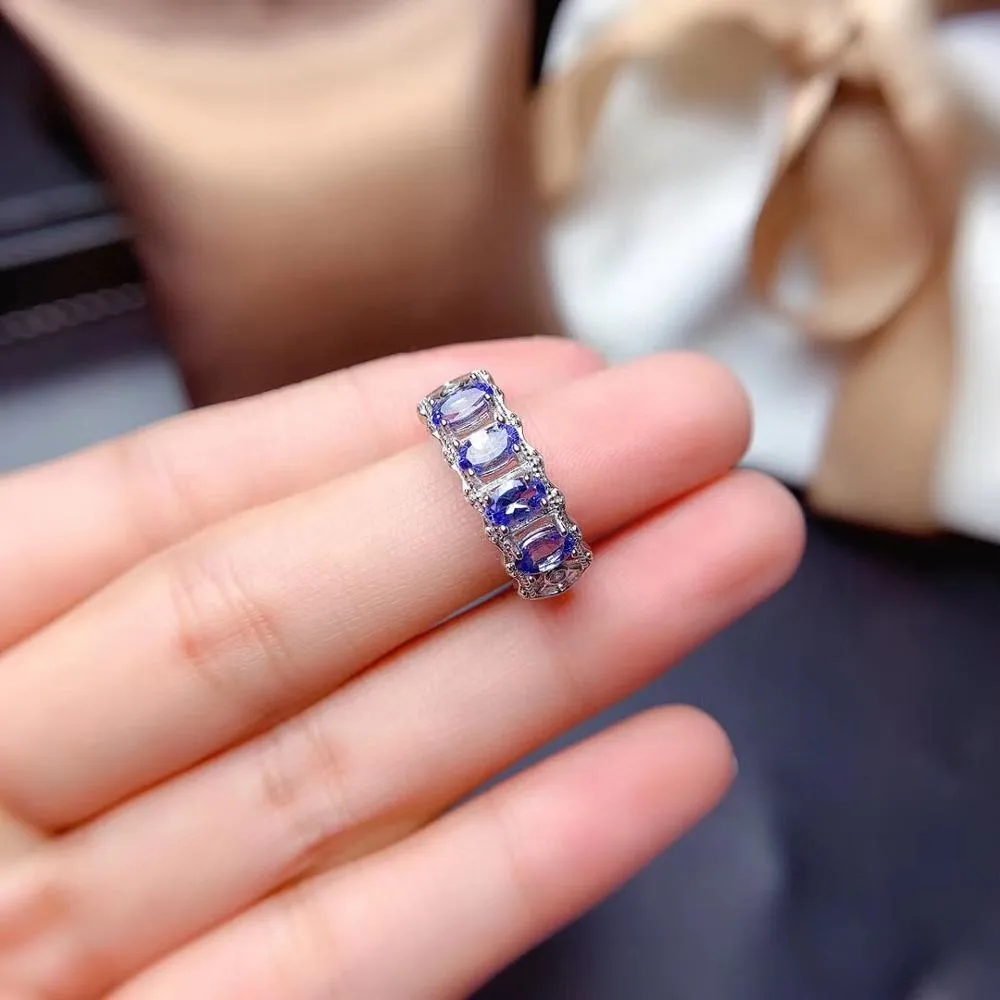 Natural Tanzanite Ring S925 Sterling Silver Lady White Gold Jewelry Natural Gemstone Jewelry, Simple Row Ring Lady's Jewelry J0112