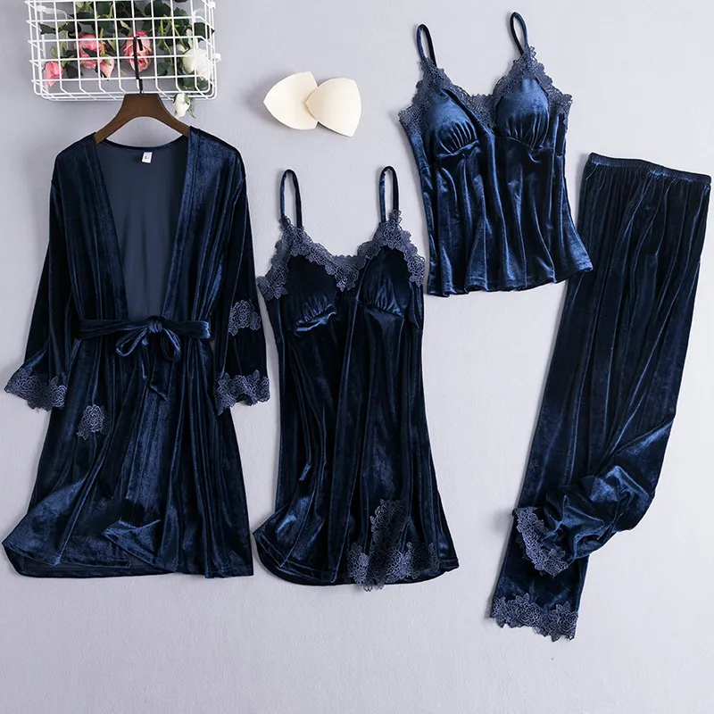 4 stks Nachtkleding Slaap Set Womens Velor Nightwear Robe V-hals Pijamas Softty Town Slaapshirt Herfst Winter Pyjama Pak Ecligee Y200708