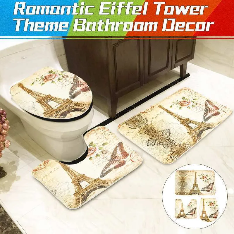 Eiffel Paris Landscape Print Bathroom Shower Curtain Set Waterproof Anti Slip Pedestal Rug Lid Toilet Cover Bath Mat Set T2007118419563