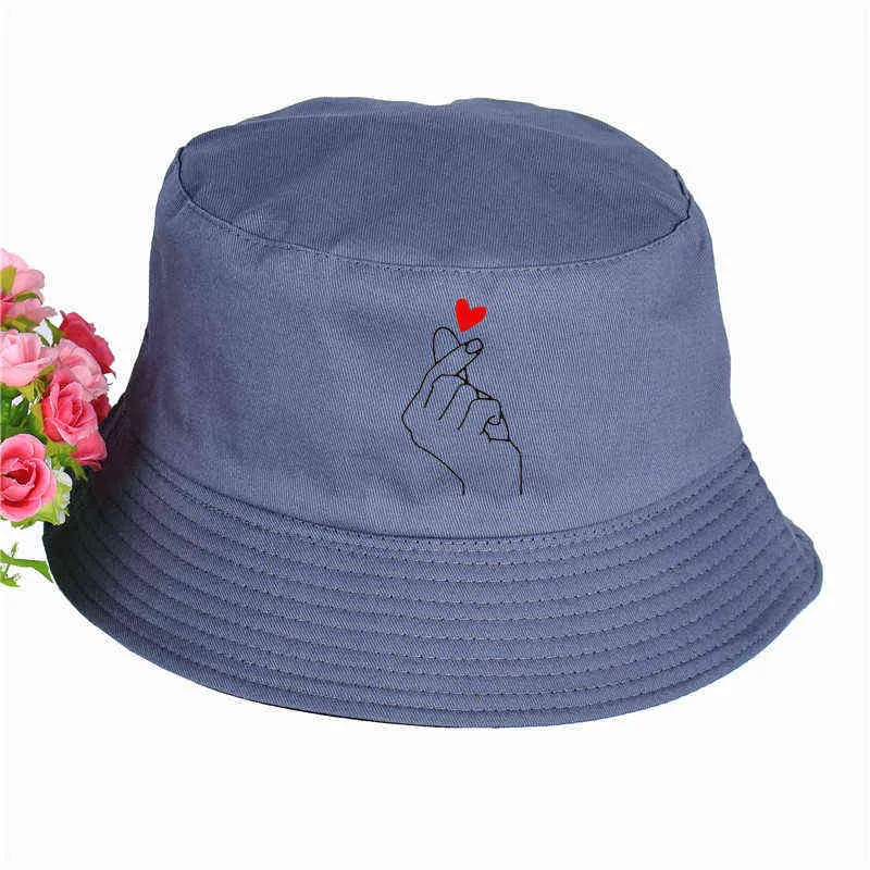 Finger hjärta print hink hattar sommar pop hajuku kvinnor män fiskare hatt utomhus solskydd keps fiskehatt y220301