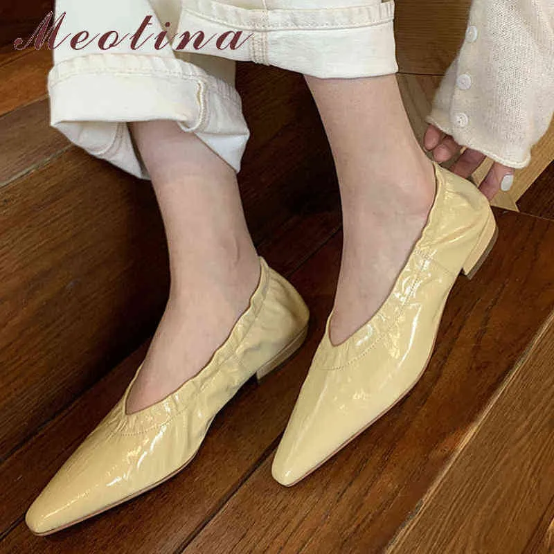 Meotina Women's Leather Sailing Shoes Flat with Elastic Band Narrow Toe Cap Spring Autumn Color 220209