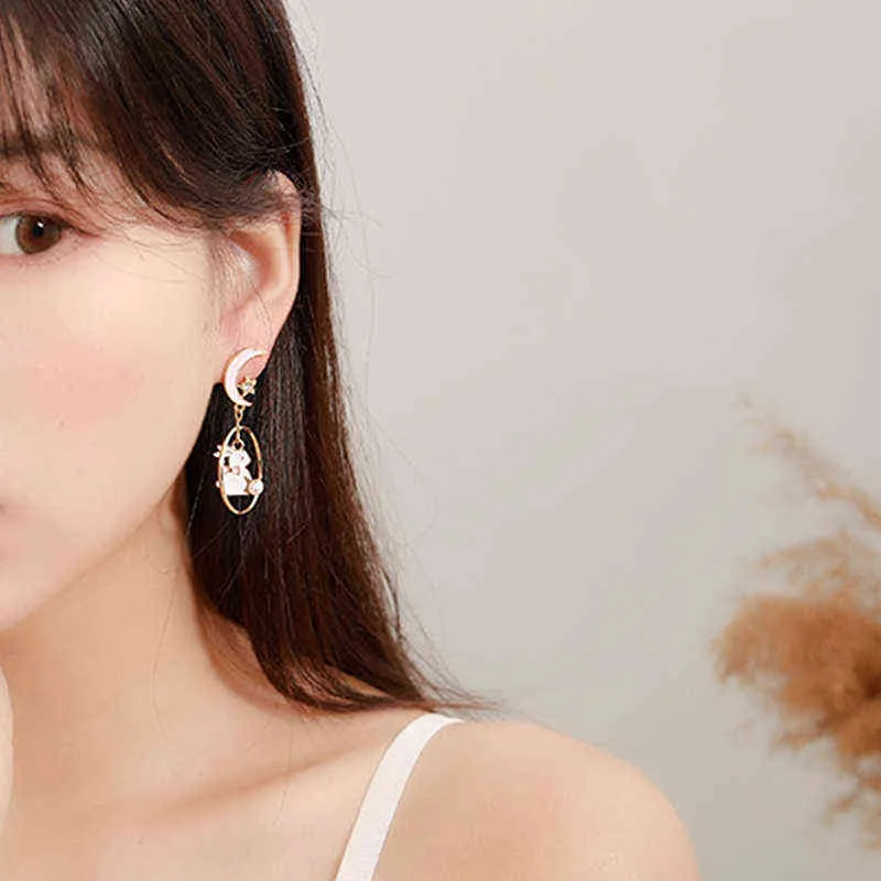 New Fashion Moon Stars Rabbit Dangle Earrings For Women Flower Kitten Fishbone Crystal Pearl Asymmetrical Earring Party Jewelry G220312