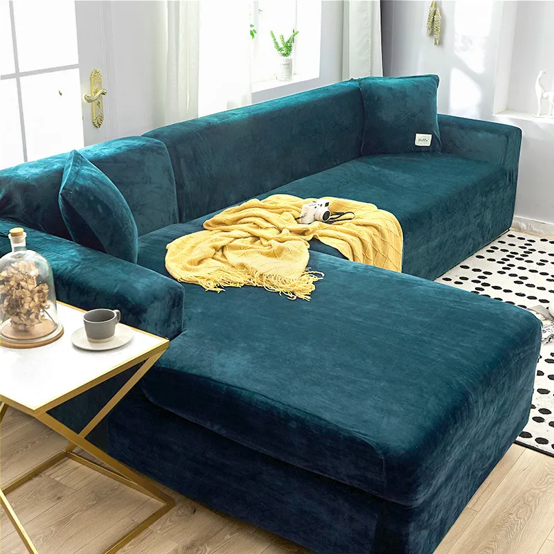 Samt-Plüsch-L-förmiger Sofabezug für Wohnzimmer, elastischer Couch-Schonbezug, Chaiselongue-Ecksofa-Bezug, Stretch für den Winter LJ201216