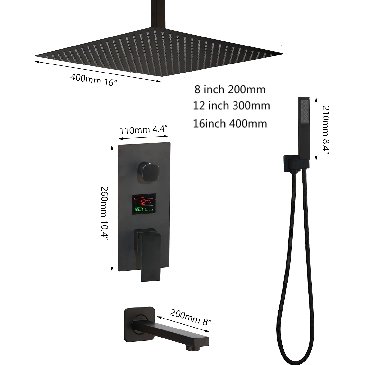 KEMAIDI Soffione doccia in ottone nero Miscelatore con display digitale Rubinetto doccia da bagno Rubinetti doccia digitali a 3 funzioni Set T200710