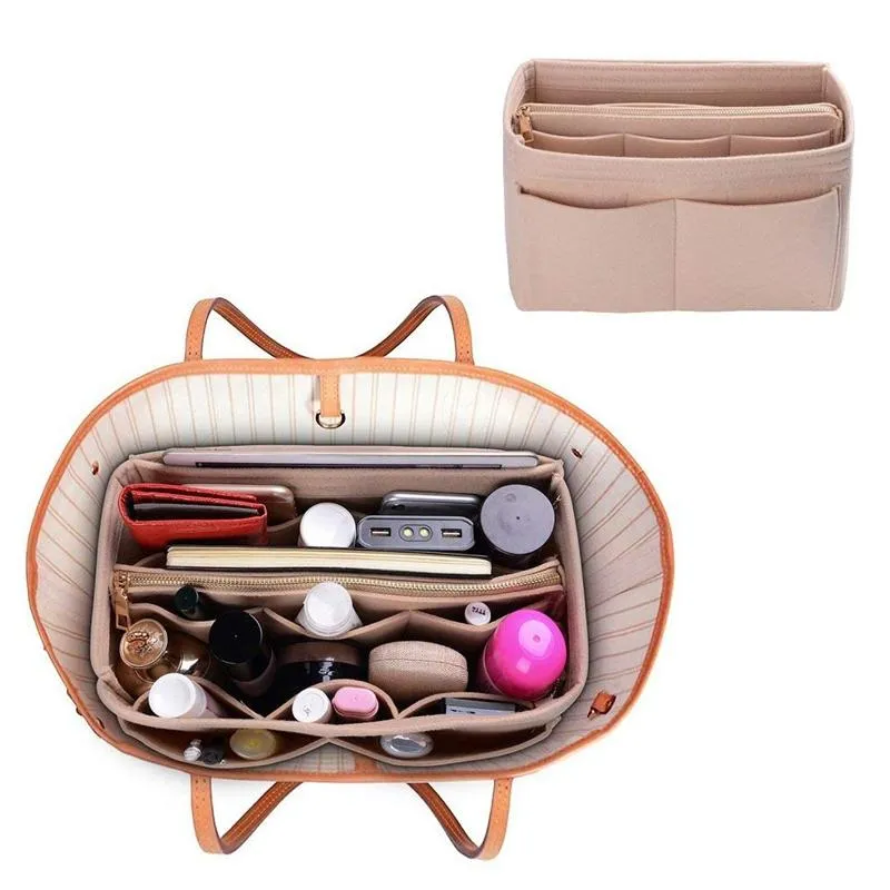 Womens Makeup Organizer Filt tygin Insert Bag Multifunktionell rese Kosmetisk väska Girl Storage Toalettet Liner Bags1783