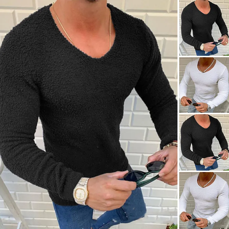 Autumn Casual Long Sleeve V-hals t-shirts män mode solid stickad tee höst mode mens fleece topps pullover streetwear 220224