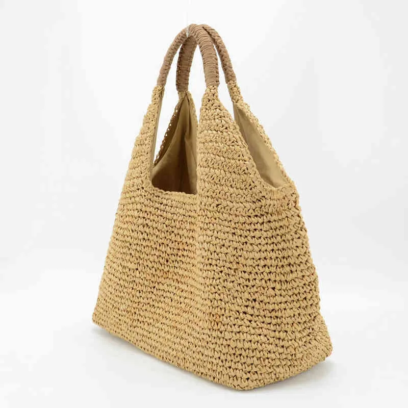 Shopping Bags Women Tan Paper Straw Handcrocheted Shopper Tote Bag Handbag with Cotton Lining and Inside Pocket for Summer 220309