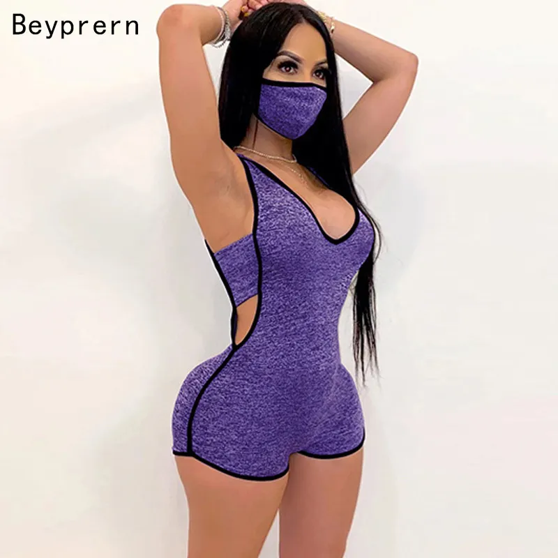 Beyprern sexy viola profondo scollo a V a costine tuta corta un pezzo skinny pagliaccetti tutina da donna tuta sportiva abbigliamento T200704