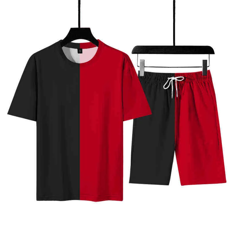 Traje de camiseta de manga corta deportivo informal para hombre, traje de dos piezas con cuello redondo coreano a la moda juvenil, estilo novedad de verano, G1222