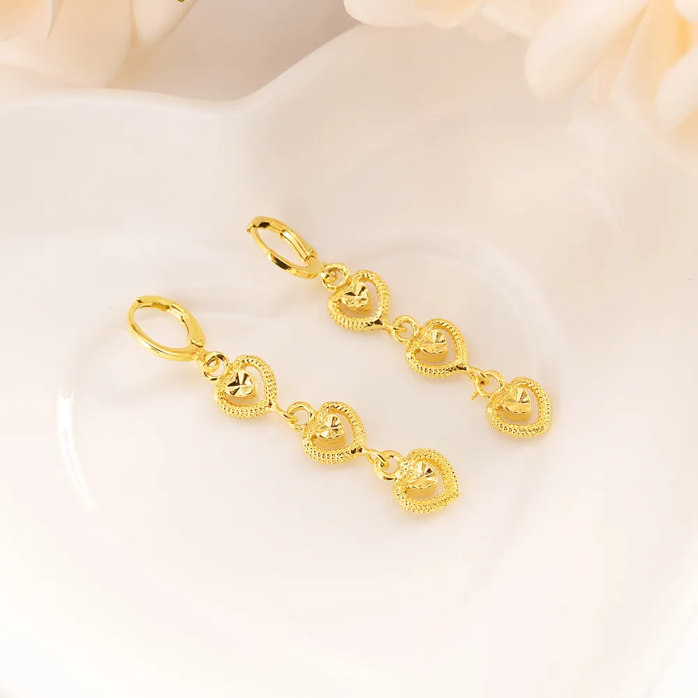 14 k Solid Yellow Gold Filled Oorbellen 3 Heart connect verlenging Vrouwen Grote Liefde Trendy mode-sieraden Afrikaans Midden-Oosten 250N