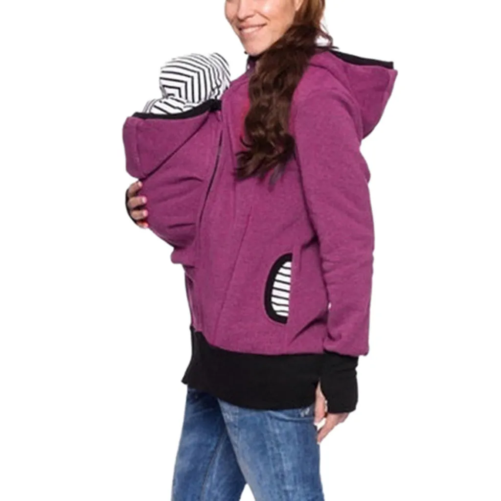 2020 Fashion Women Maternity Striped Baby Pouch Carrier Hoodie Zipper Pregnancy Coat Hoody Outerwear Carry Baby Pregnant Clothes LJ201123