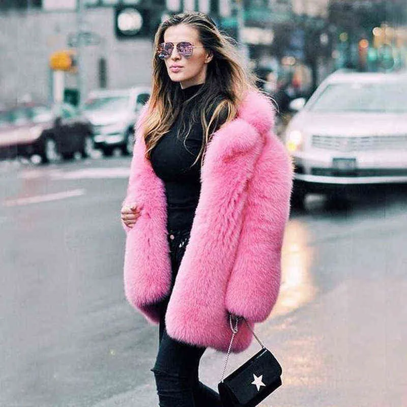 Hiver chaud blanc fausse fourrure manteau femmes à manches longues rose luxe élégant moelleux faux lapin blazers tenues mode streetwear 211220