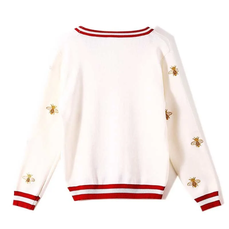 NiceMix suéter feminino bordado outono novo manga longa da indústria de abelha listras cor de contraste solto cardigã fino Y200909