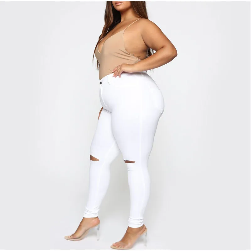 Plus Größe Hohe Taille Zerrissene Knie Weiße Jeans Frauen Grundlegende Casual Stretch Dünne Hosen L-5XL Denim Hosen Mom Jean Femme 210203