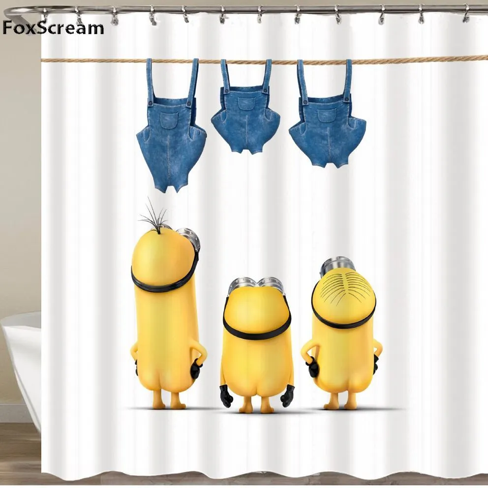 3d rideaux de douche jaunes série Minions espiègles Rideaux de douche de bande dessinée personnalisée polyester imperméable rideau de salle de bain LJ201130