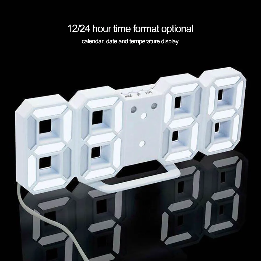 Display regolabile 24/12 ore Orologio sveglia LED Orologio digitale Appeso a parete Orologio da tavolo 3D Calendario Display temperatura Luminosità Y200407