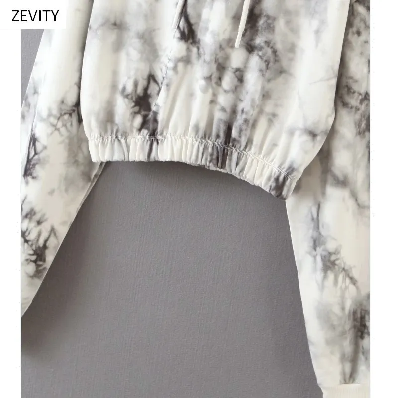Zevity Women Vintage Ink Tie Dyed målning Casual Hooded Sweatshirts Ladies Hem Elastic Hoodies Brand Chic Tops H300 201203