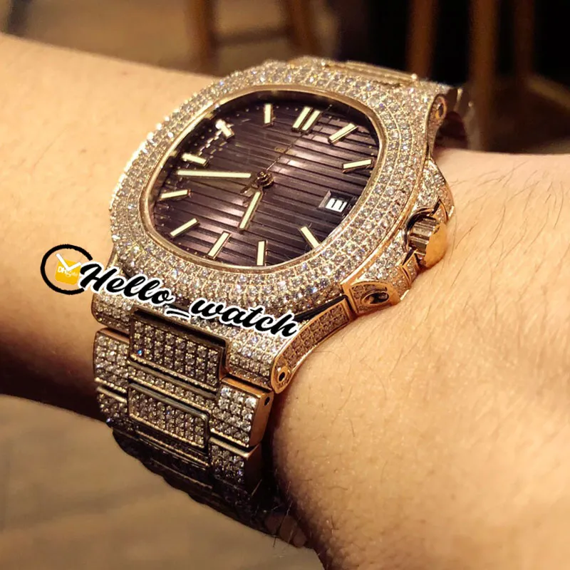 New 5711 5711 1A Brown Texture Dial Miyota Automatic Mens Watch Rose Gold Fully Iced Out Diamond Bracelet Sport Watches HWPP Hello166W