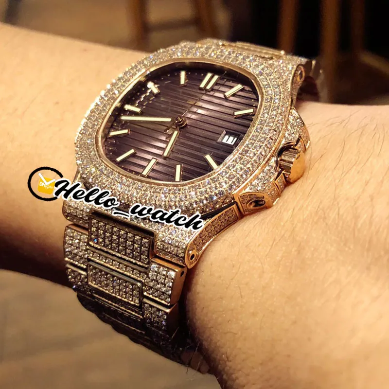 Nieuwe 5711 5711 1A bruine textuur wijzerplaat Miyota automatisch herenhorloge rosé goud volledig Iced Out diamanten armband sporthorloges HWPP Hello286v
