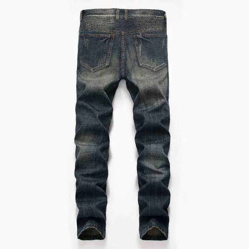 Trendy Düz Bacak Erkek Yığılmış Kot Punk Vintage Biker Fermuar Cep Motosiklet Pantolon Moda Patchwork Erkek Denim Pantolon 220118