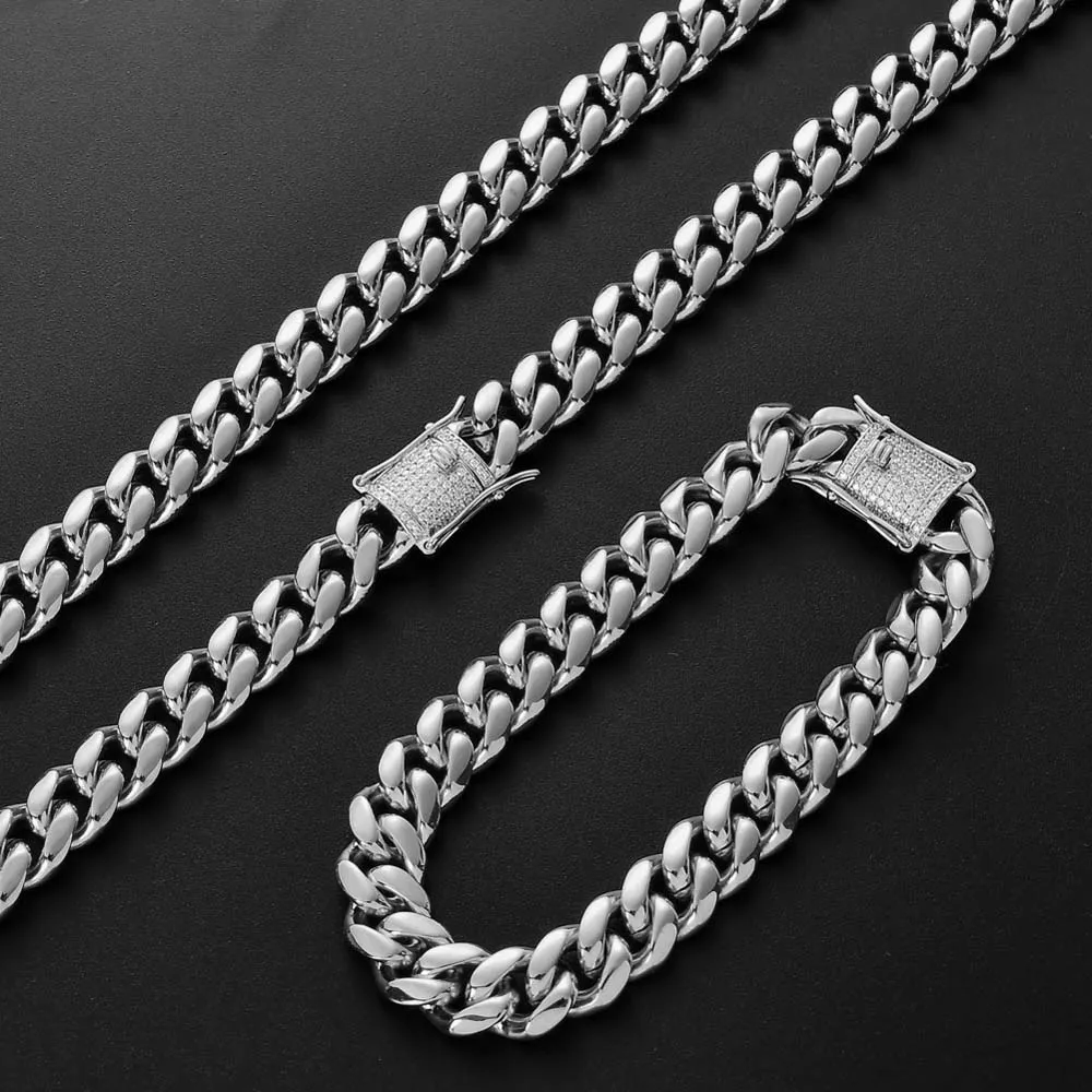 Stainless Steel Miami Cuban Link Chain Jewelry Set 18inch 22inch Choker Necklace Cubic Zirconia Clasp Diamond 7inch 8inch Bracelet286a