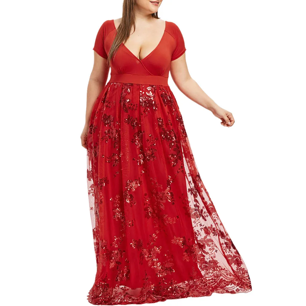 Robe Maxi à paillettes florales de grande taille pour femmes, col en V profond, manches courtes, robes de soirée élégantes, robe de soirée * Y0118