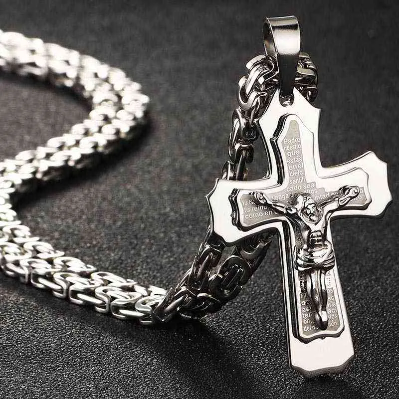 Bibel Silber Farbe Jesuskreuz Edelstahl Anhänger Halsketten Byzantinisch lange Ketten Halskette für Männer Schmuck Colar Collier 22016539913