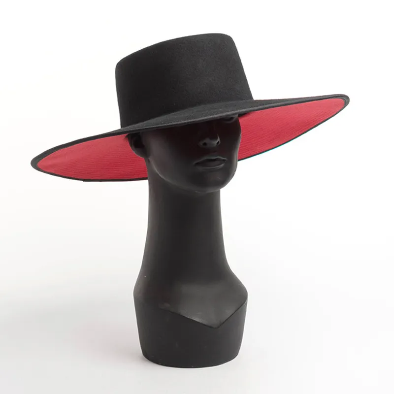 Классическая унисекс с широкими полями, двухцветная шерстяная федора, зимняя теплая женская шляпа с широкими полями, красная, черная, женская церковная шляпа-дерби, LJ332R
