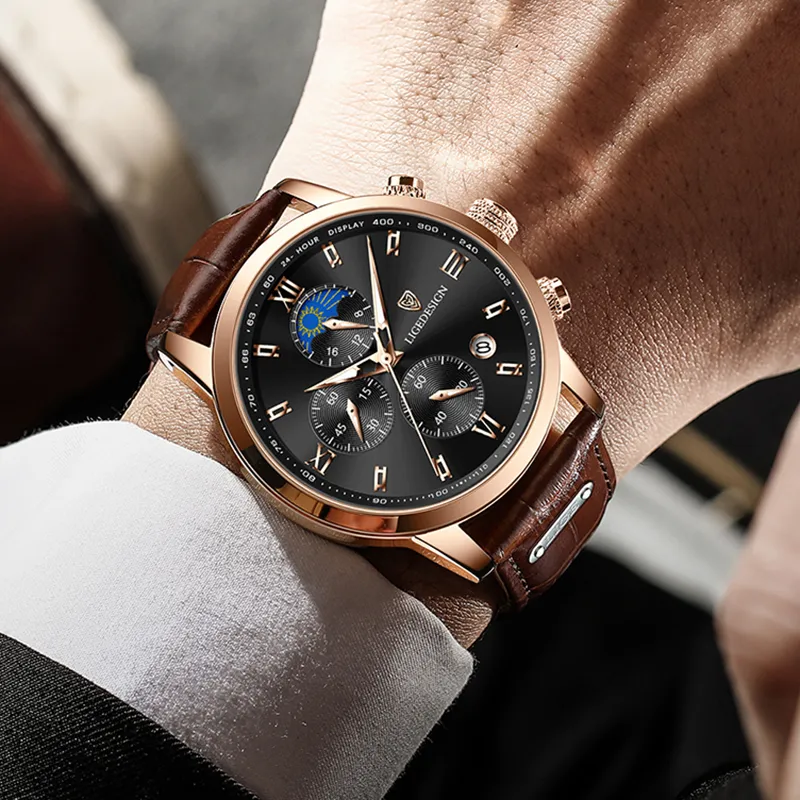 Lige Mens Watches Top Luxury Brand Waterproof Sport Wrist Watch Chronograph Quartz Militär äkta läder Relogio Masculino 2202247G