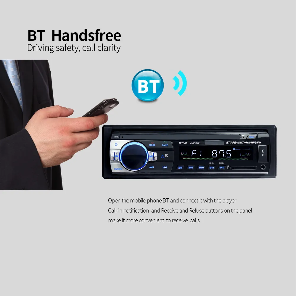 JSD520 ISO 12V Bluetooth Auto Stereo In-dash 1 Din FM Aux Input Ondersteuning Mp3/MP4 USB MMC WMA AUX IN TF Radio Speler