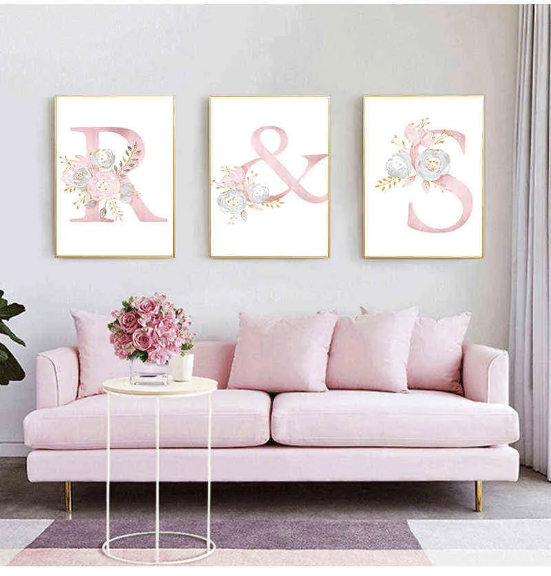 Blumen Wandkunst Bilder für Mädchen Zimmerdekoration personalisiertes Poster Babyname individuelle Leinwandmalerei Kinderzimmer Drucke rosa 211222