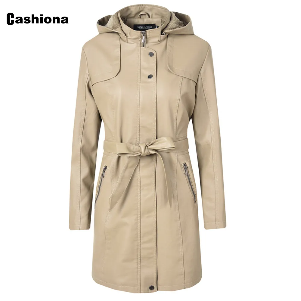 Cashiona 2020 New Faux Pu Giacche lunghe in pelle Donna Autunno Capispalla con cappuccio Cerniera Cappotti invernali Felpe con cappuccio giacca più velluto LJ201012