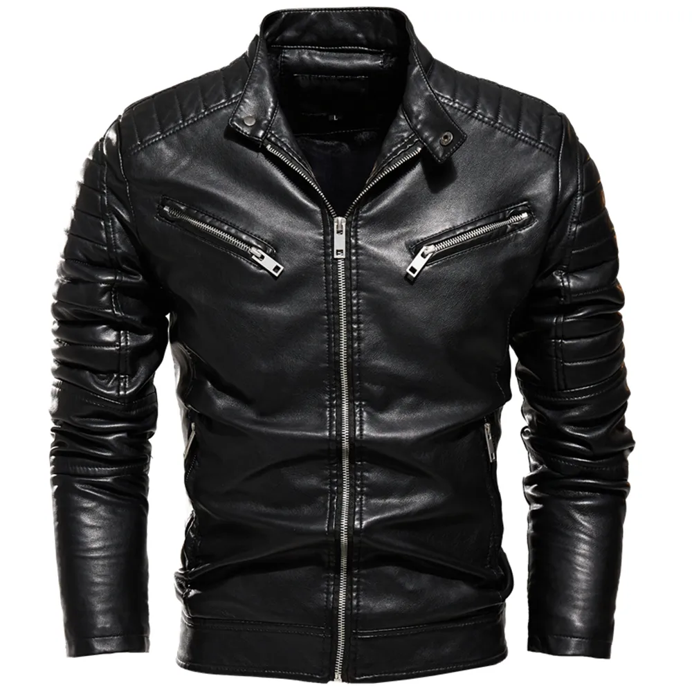 Winter Black Leather Jacket Men Fur Lined Warm Motorcycle Jacket Slim Street Fashion BLack Biker Coat Pleated Design Zipper 201127