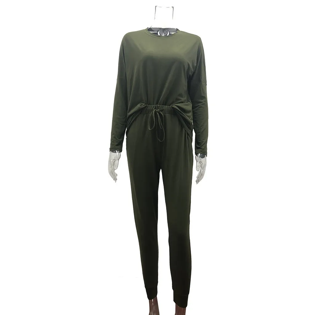 Jesień Kobiety Zestaw Pure Color Suit Długim Rękawem Wylotowe Pocket Home Spodnie dresowe Zestawy Dres Dwa kawałek Odzież Damska LJ201117