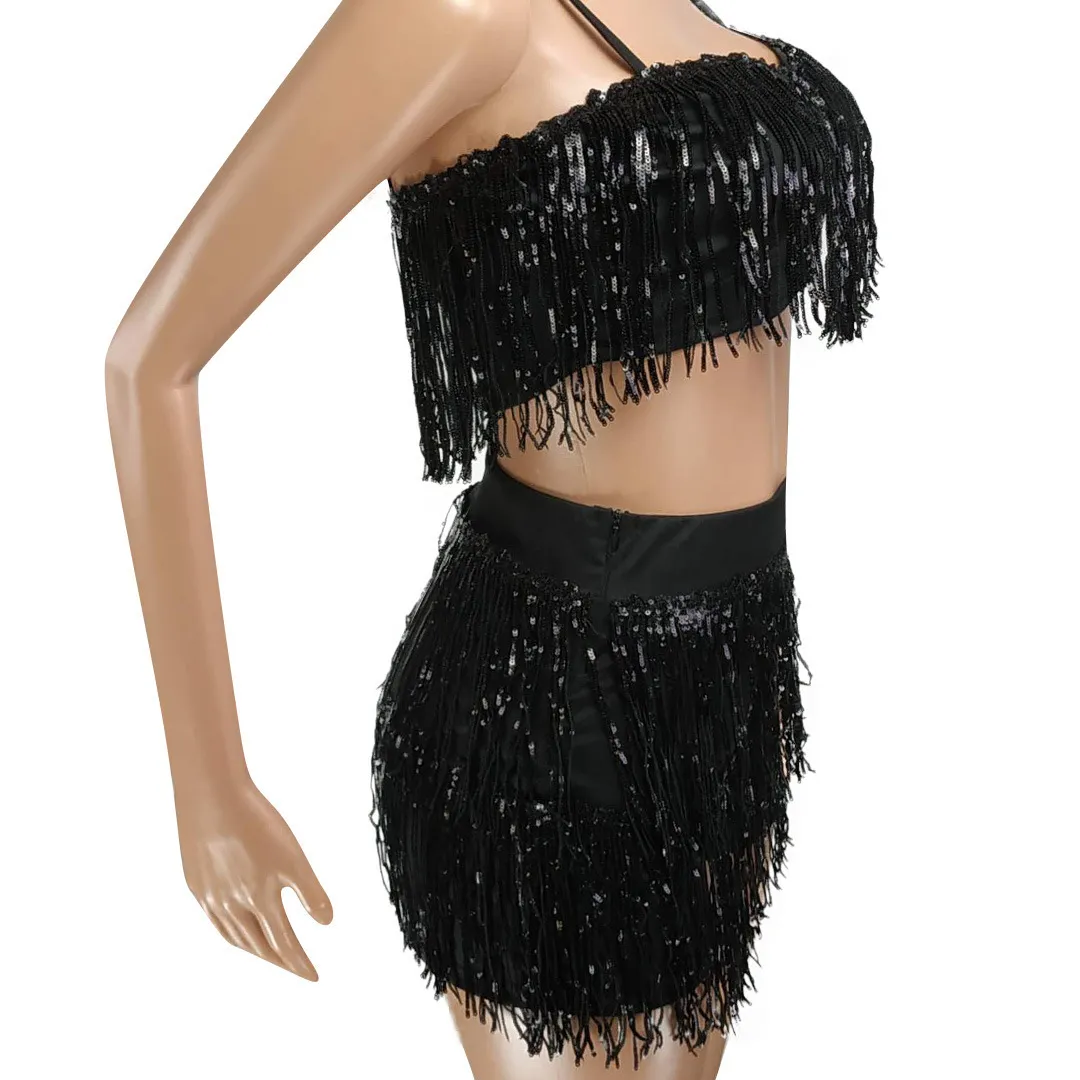 Anjamanor Sexy Club, два часа, набор Sequin Fringe Glitter Beach Party Outfits SET Women Skirt Skirt Top Setting D47AG92 T5504293
